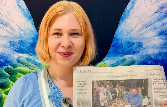 Anna-Mariia Kostiuk mit der Leonberger Kreiszeitung und ihrem Beitrag über «LeoZeit: Schatten»