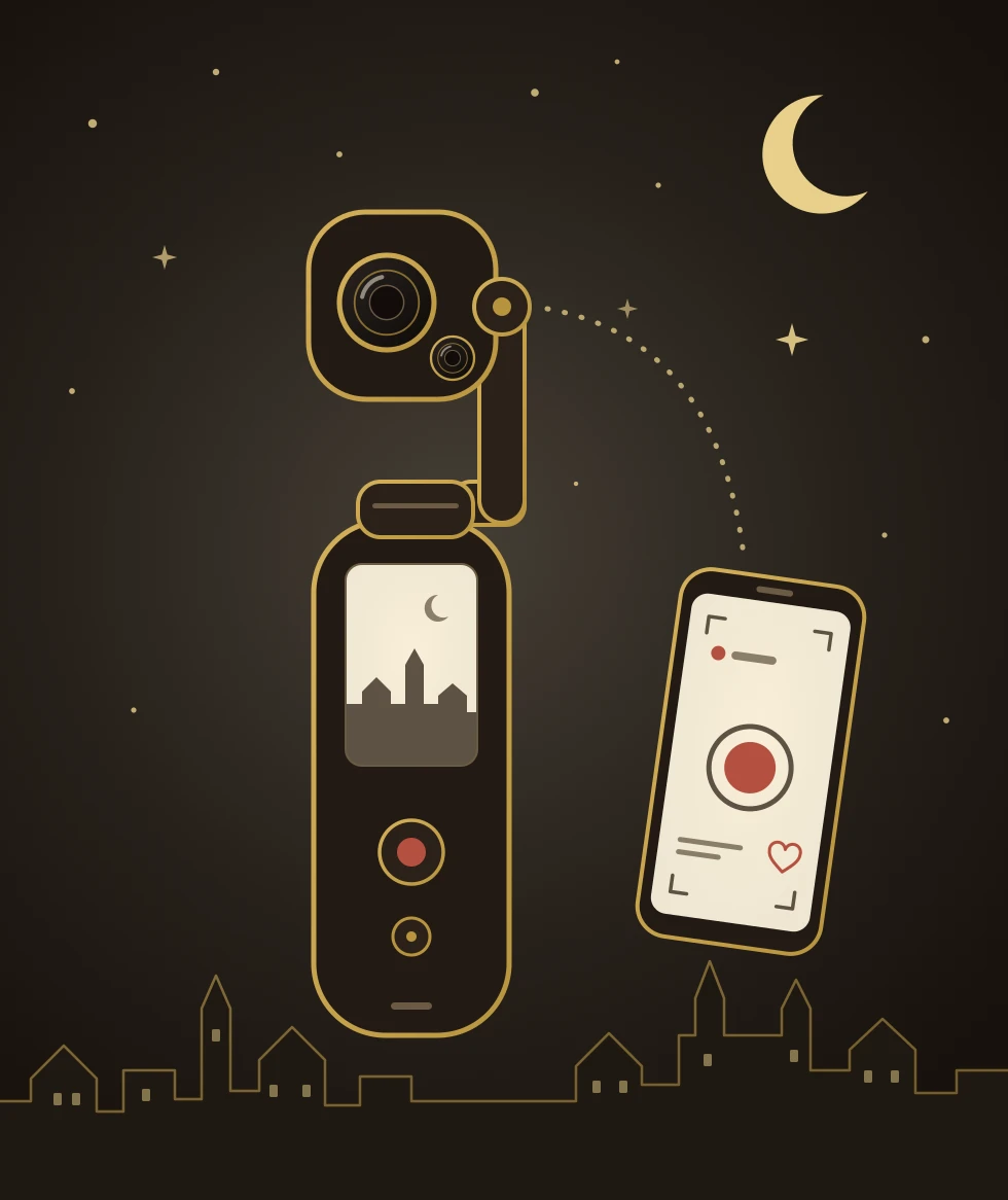 Drawing of a pocket gimbal camera next to a phone that is recording