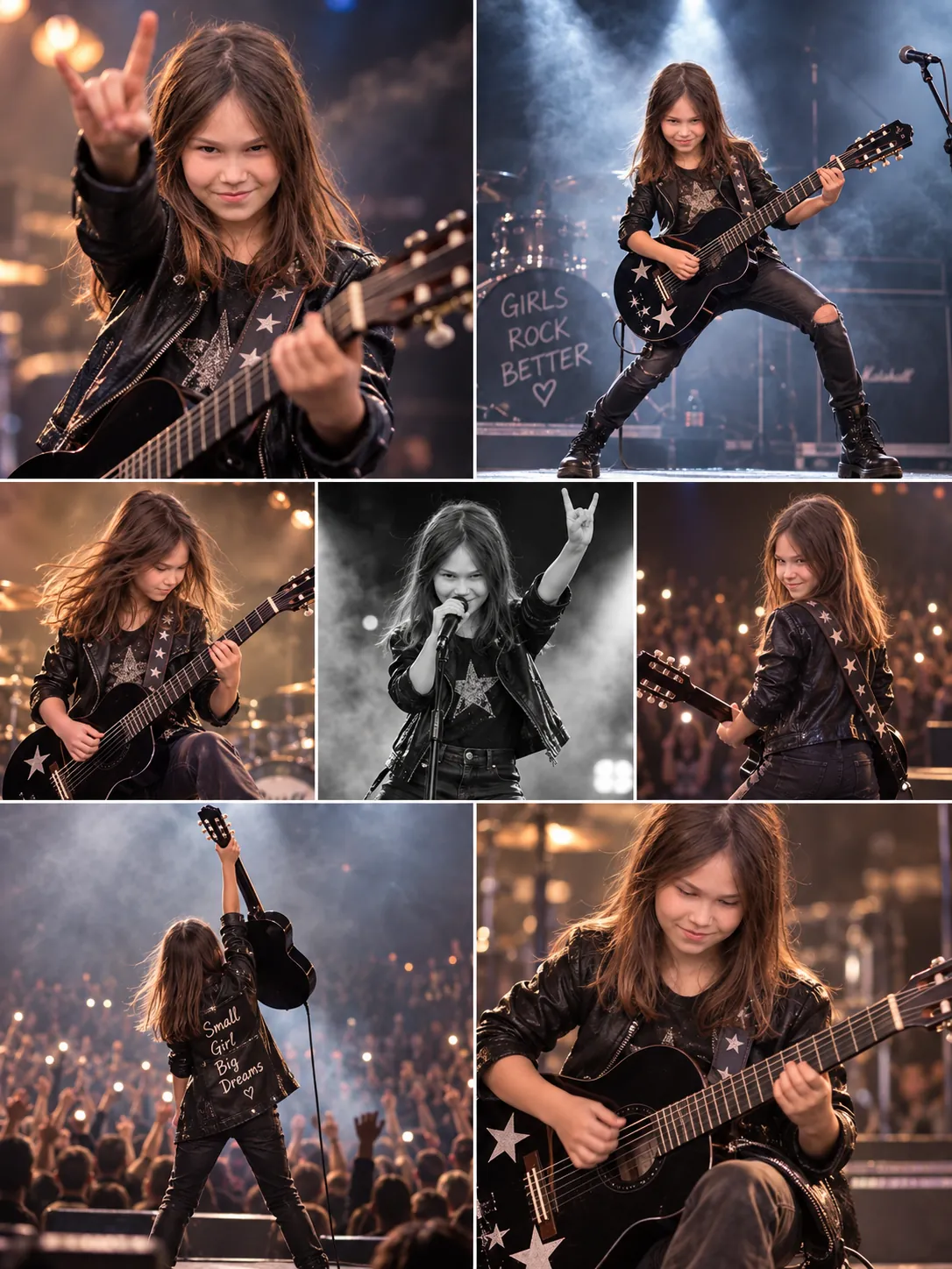 Collage generato con l'IA: Elaiza come rockstar, con una chitarra nera e una giacca di pelle, sotto i riflettori di un palco da concerto