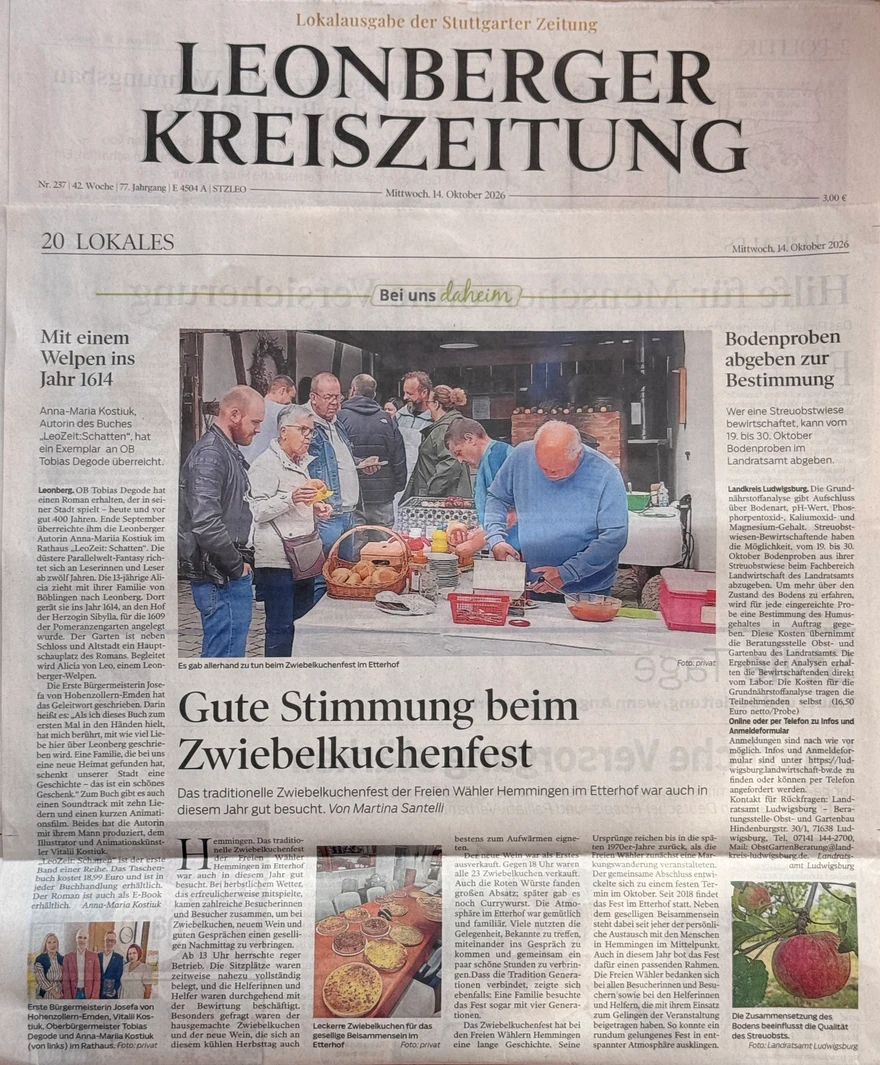 Zeitungsseite der Leonberger Kreiszeitung vom 14. Oktober 2026, Seite 20, mit dem Beitrag über «LeoZeit: Schatten»