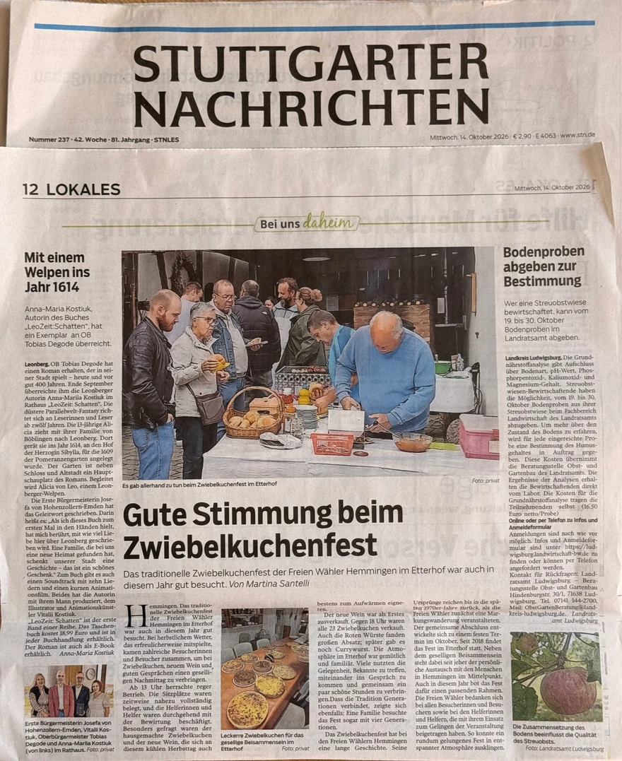 Zeitungsseite der Stuttgarter Nachrichten vom 14. Oktober 2026, Seite 12, mit dem Beitrag über «LeoZeit: Schatten»