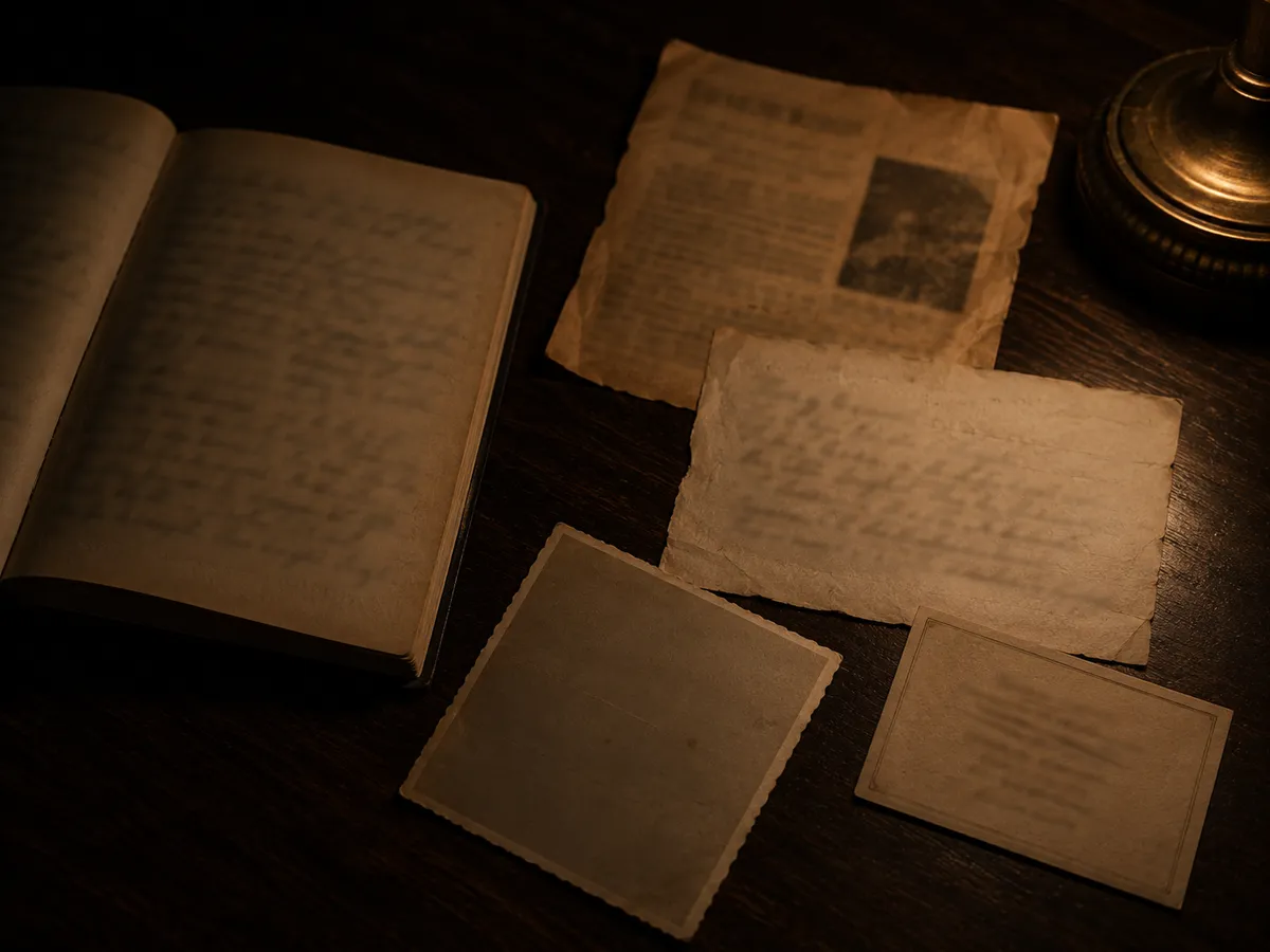 Tagebuchseite, Zeitungsausschnitt, Notizen und eine Karte auf dunklem Holz