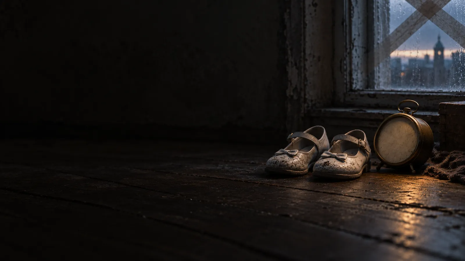 Des chaussons d'enfant sur le plancher, près de la fenêtre